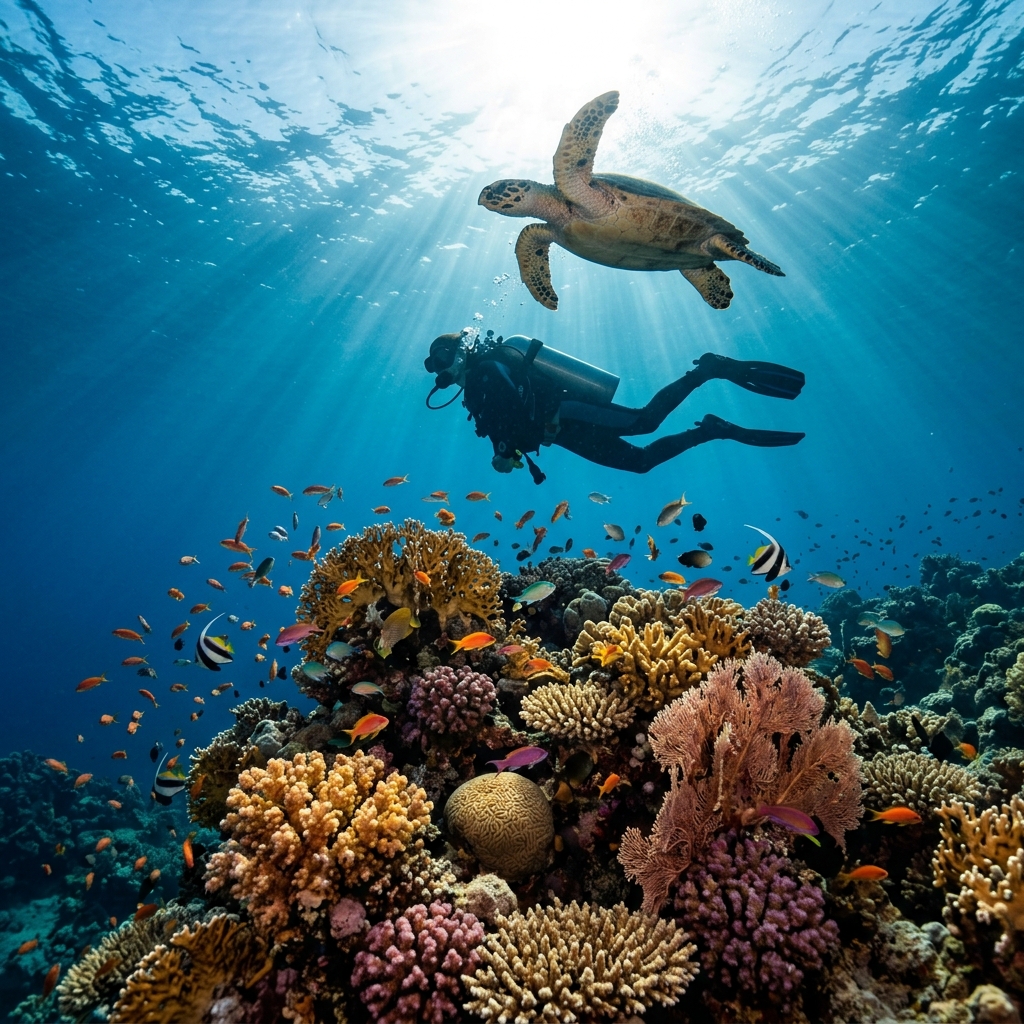 Scuba diver exploring vibrant coral reef in Mirissa's crystal clear waters